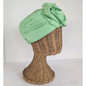 Vintage Womens Mint Green Turban Hat 1960s Draped Fabric Rose Pill Box